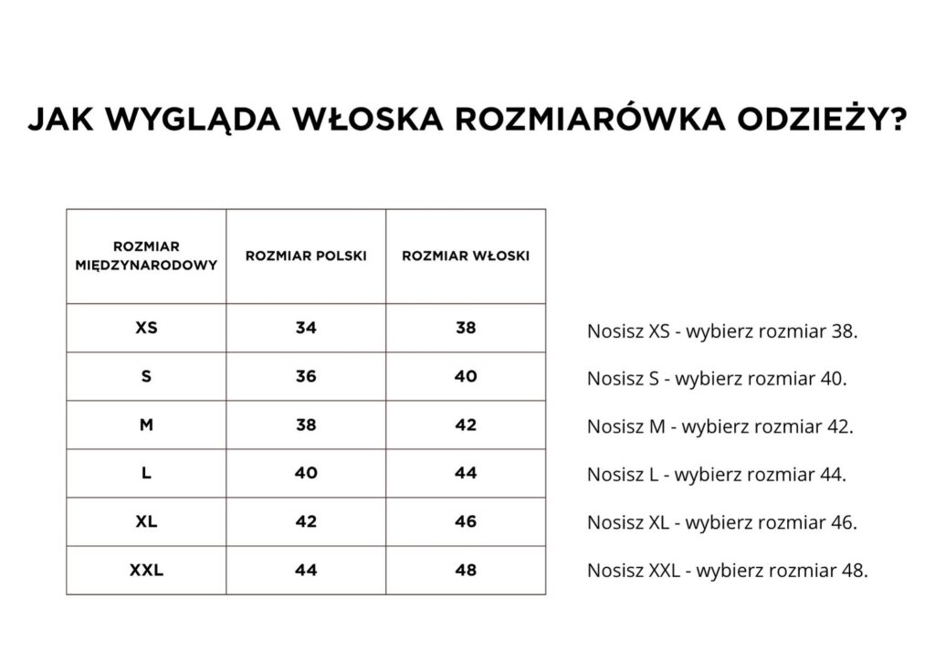 Włoska tabela rozmiarów