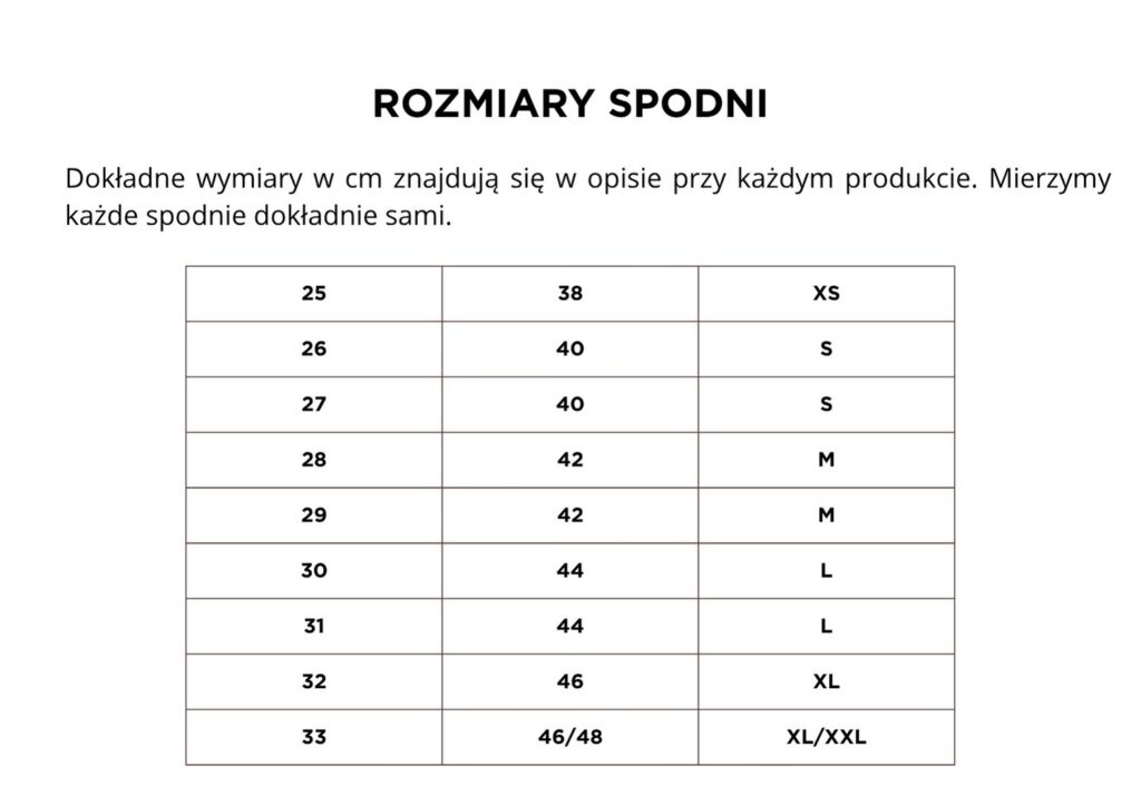 Tabela rozmiarów spodnie.