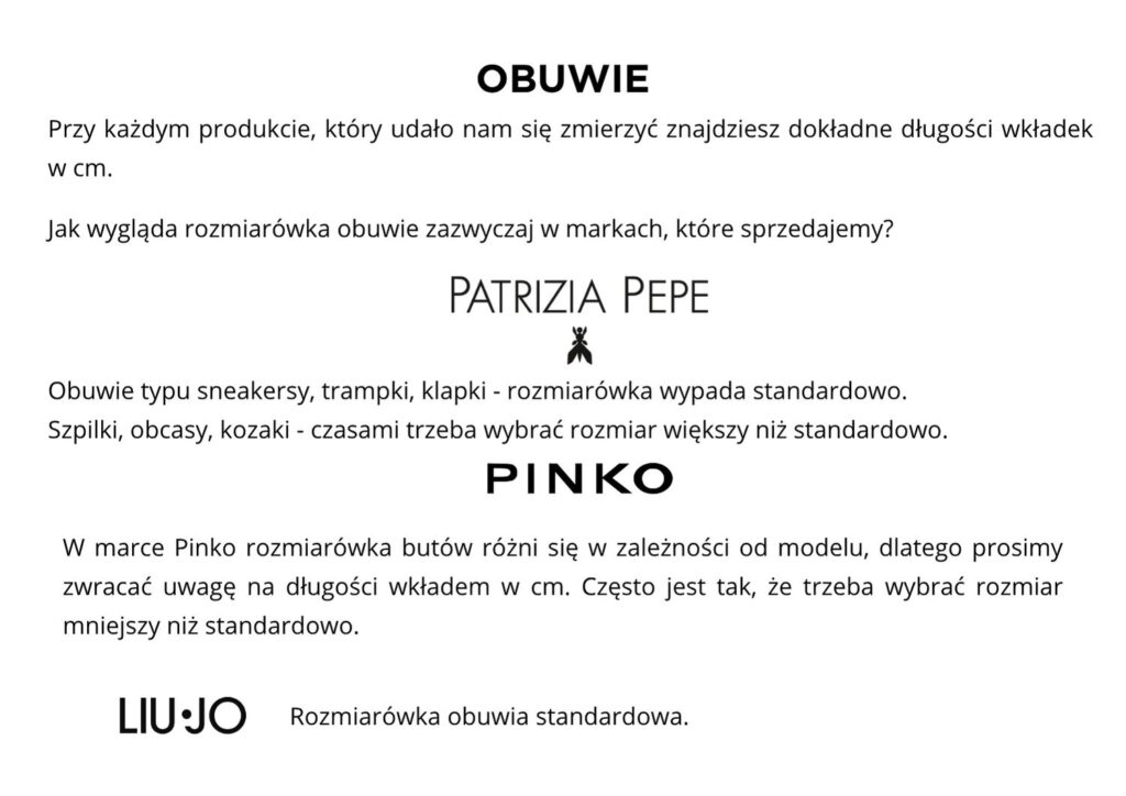 Tabela rozmiarów butów.