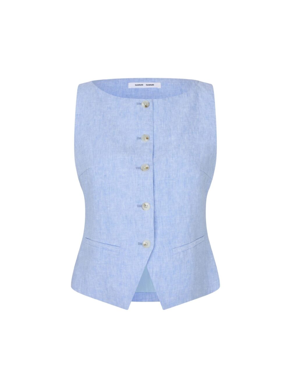 lniana kamizelka Samsøe Samsøe Saloves pastelowa niebieska kamizelka damska zapinana na guziki